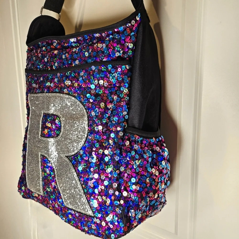 Justice Girls Black Messenger Bag Purple Silver Sequin Initial “R” Crossbody - Picture 4 of 16
